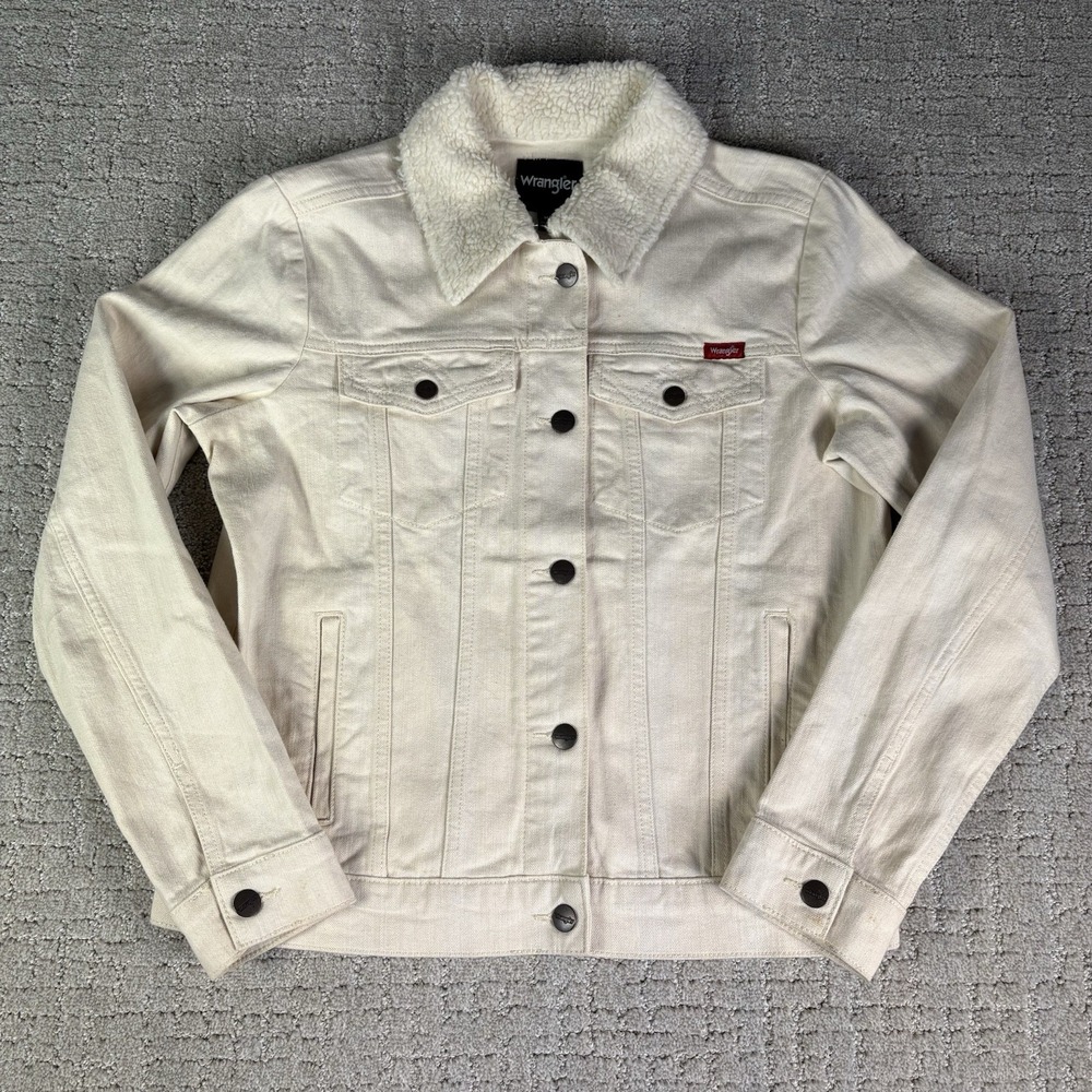 Wrangler Women's Sherpa Collar Denim Trucker Jacket Off White Cream Size Medium